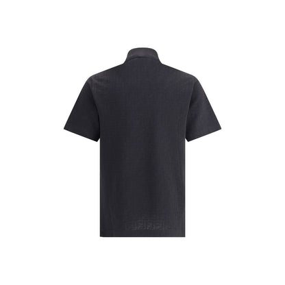 Back view of Fendi Black Cotton Polo Shirt with ribbed collar and tone-on-tone FF jacquard pattern, perfect for a polished casual look.