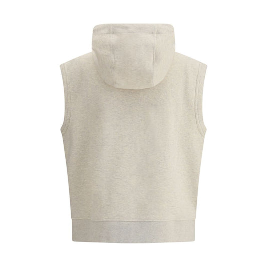 Back view of Fendi Hooded Vest in beige, featuring a contemporary hooded design with ribbed hem. Made from 100% cotton for comfort and style.