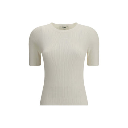 Fendi White Silk T-Shirt with Fendi 1925 Stamp and ribbed texture, slim fit with short sleeves for a sophisticated casual look.