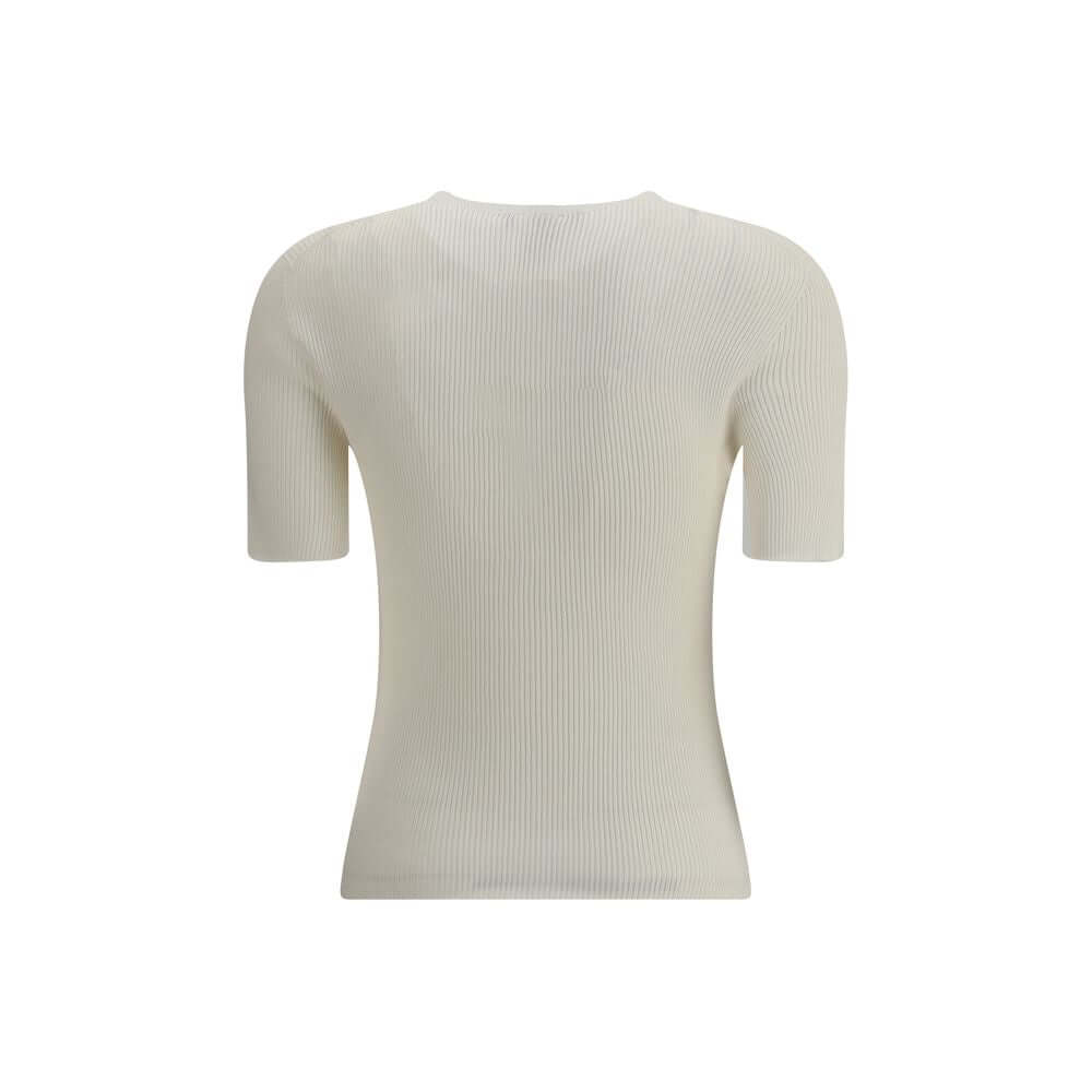 Back view of Fendi White Silk T-Shirt featuring ribbed knit texture and short sleeves, highlighting elegant and sophisticated style.