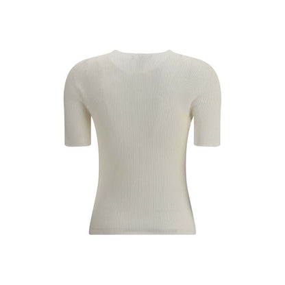 Back view of Fendi White Silk T-Shirt featuring ribbed knit texture and short sleeves, highlighting elegant and sophisticated style.