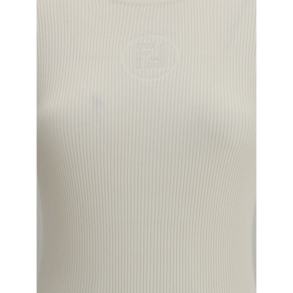 Fendi White Silk T-Shirt with ribbed knit texture and Fendi 1925 Stamp motif. Elegant casual wear for a sophisticated look.