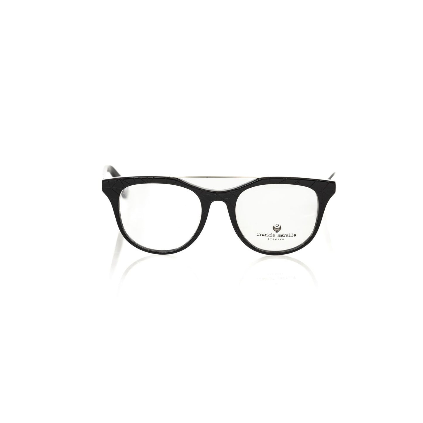 Frankie Morello Black Acetate Unisex Eyeglass Frame featuring geometric pattern and Italian craftsmanship.
