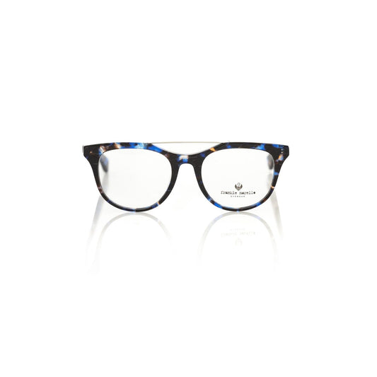 Frankie Morello Blue Acetate Unisex Eyeglass Frame in wayfarer style with Blue Havana design, showcasing bold Italian craftsmanship.