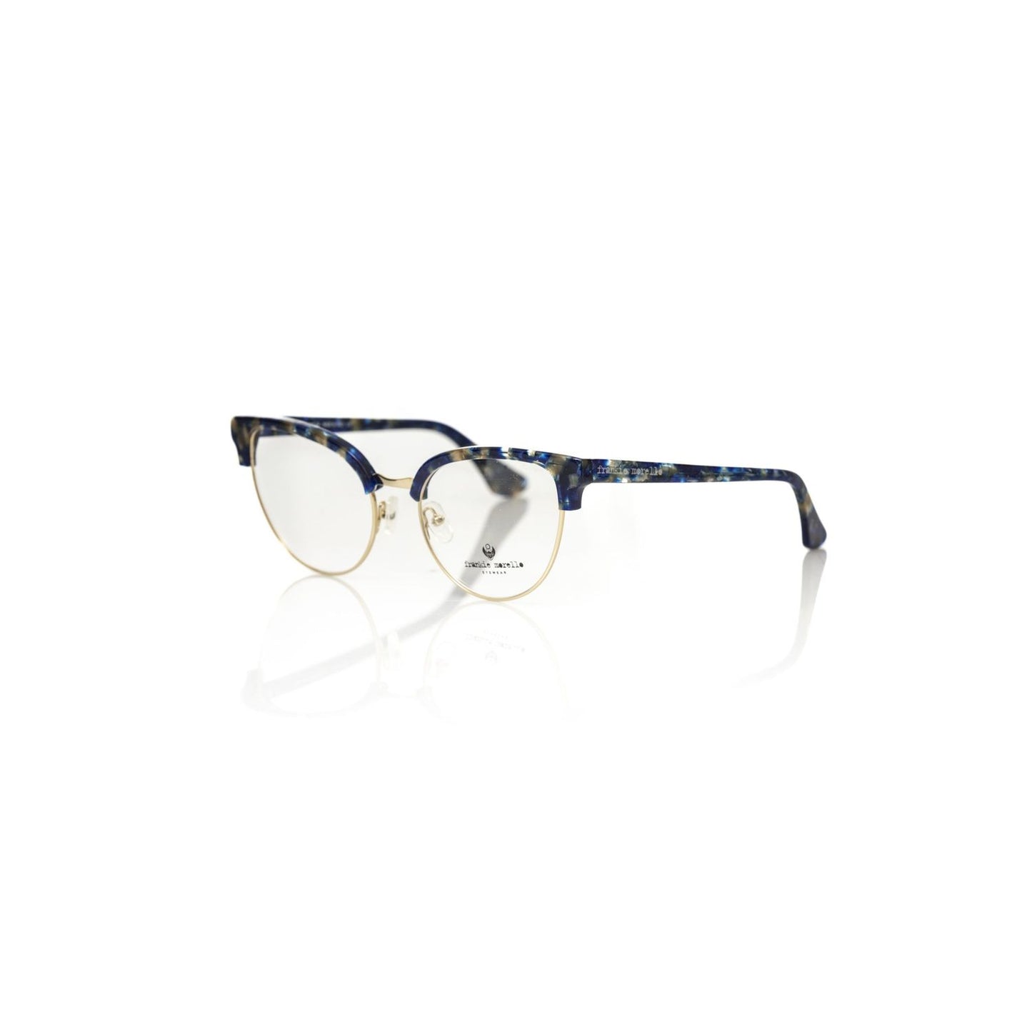 Frankie Morello Blue Metallic Women's Eyeglass Frame with square design and Havana pattern, crafted in Italy.