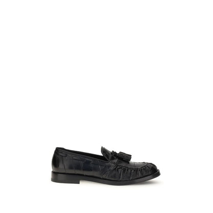 Fratelli Rossetti Black Rubber Slip-On Loafers with tassels, classic leather footwear for elegant smart or casual outfits.