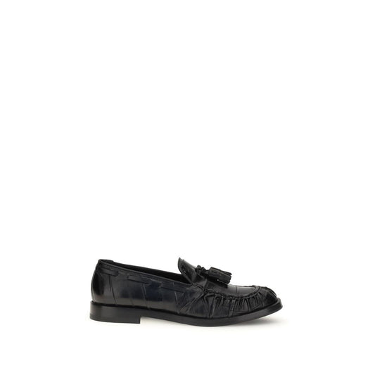 Fratelli Rossetti Black Rubber Slip-On Loafers with tassels, classic leather footwear for elegant smart or casual outfits.
