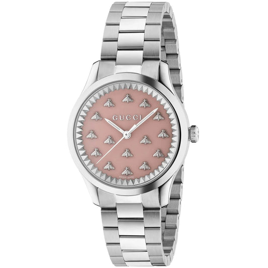 GUCCI MOD. G-TIMELESS MULTIBEE watch with silver bracelet and pink dial featuring bee motifs