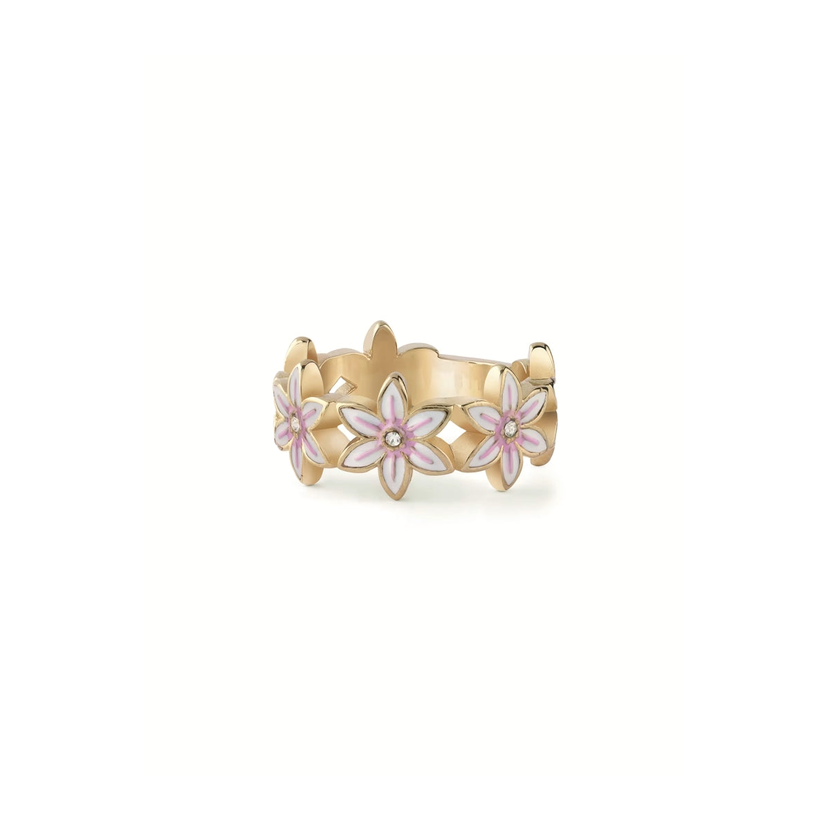 GUESS JEWELS JEWELRY Mod. JUBR04132JWYGWH52 floral ring with pink and white enamel flowers on gold band
