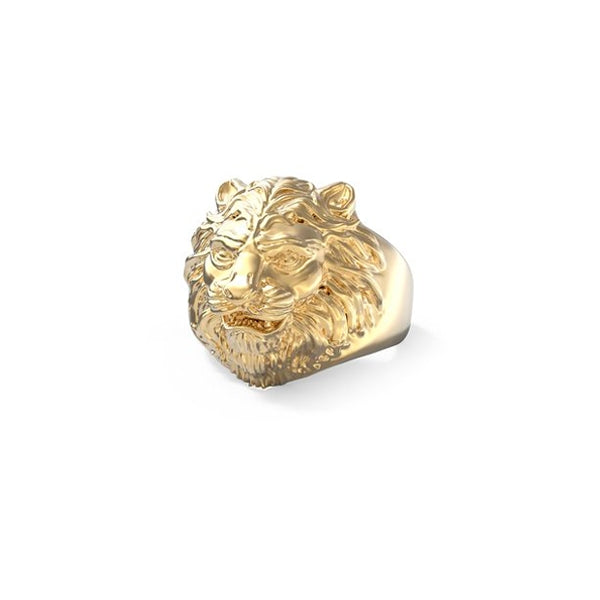 Lion head gold ring from GUESS JEWELS JEWELRY Mod. JUMR01307JWYG64, featuring intricate design and luxurious appeal.