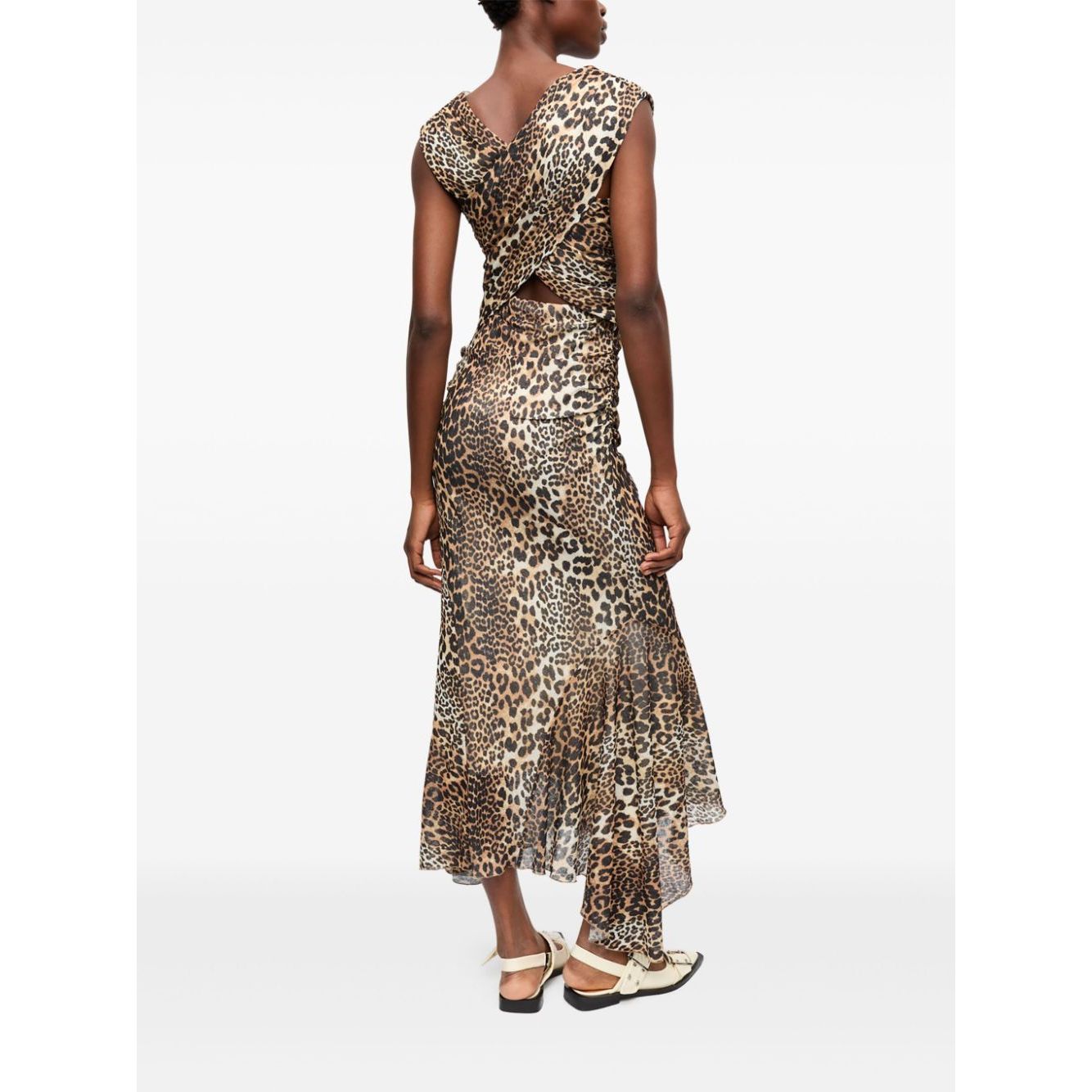 Ganni Leopard Marl Mesh Long Ruched Crossover Dress