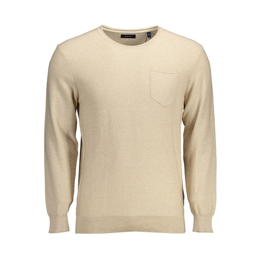 Gant Beige Cotton Men Sweater with long sleeves, crew neck, and chest pocket, featuring the iconic Gant emblem for classic comfort.