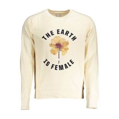 Yellow sweatshirt with 'The Earth is Female' graphic and flower design on front, promoting environmental awareness and gender equality.
