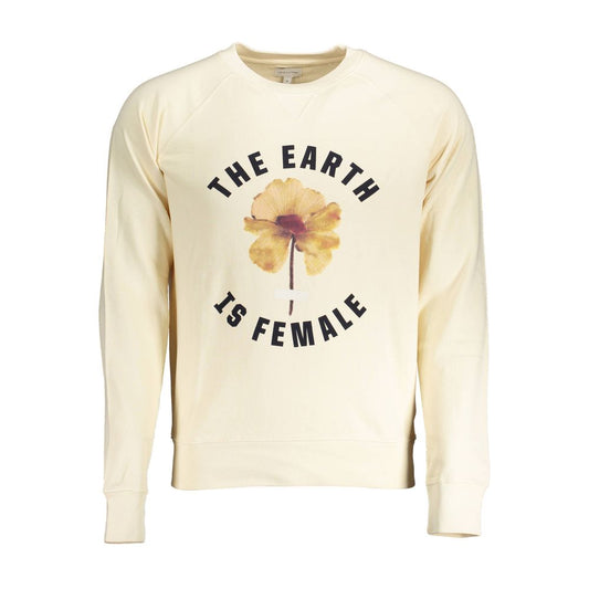 Yellow sweatshirt with 'The Earth is Female' graphic and flower design on front, promoting environmental awareness and gender equality.