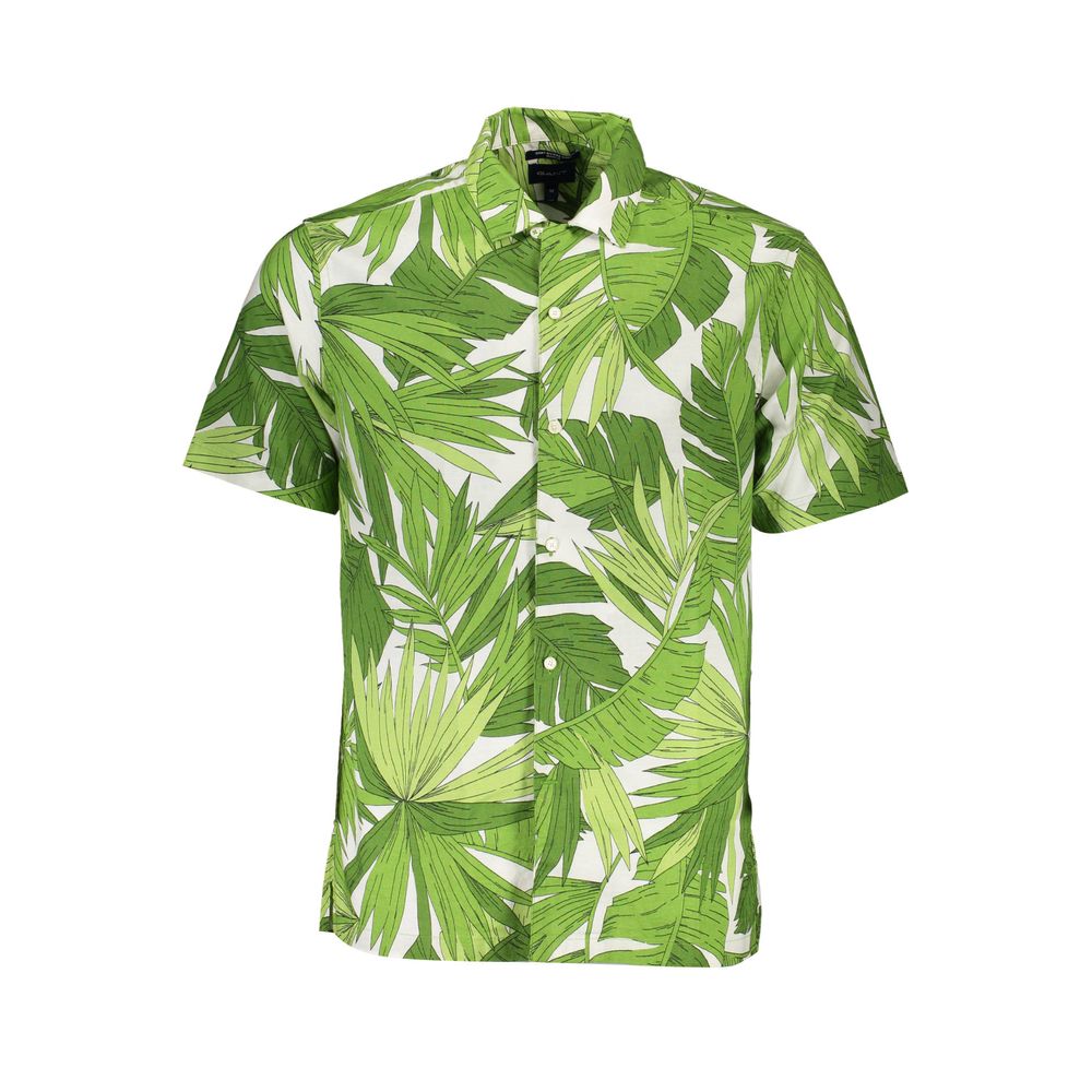 Gant Green Cotton Men Shirt with tropical leaf print, short sleeves, perfect for casual and business-casual outfits, made from organic cotton.