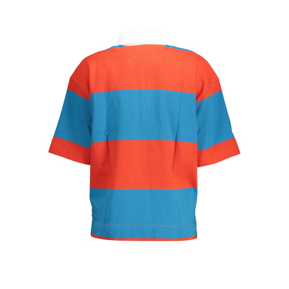 Striped red and blue short-sleeve polo shirt with white collar
