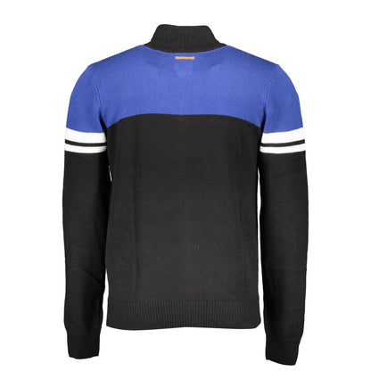Gianmarco Venturi Black Cotton Sweater with blue and white contrasting details, logo embroidery, and long sleeves view from the back