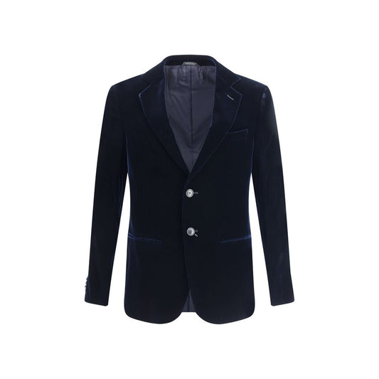 Giorgio Armani Black Viscose Blazer with peak lapels, two-button closure, and welt pockets for a timeless, elegant look.