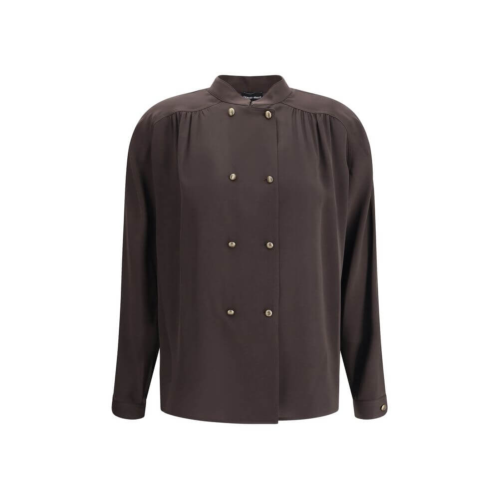 Giorgio Armani Brown Silk Shirt with double-breasted closure, embossed buttons, and mandarin collar, perfect for refined style.