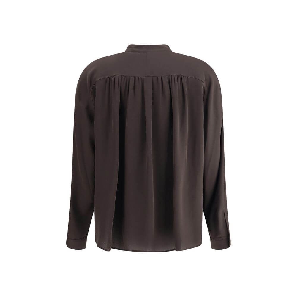 Back view of Giorgio Armani Brown Silk Shirt with mandarin collar and elegant silhouette.