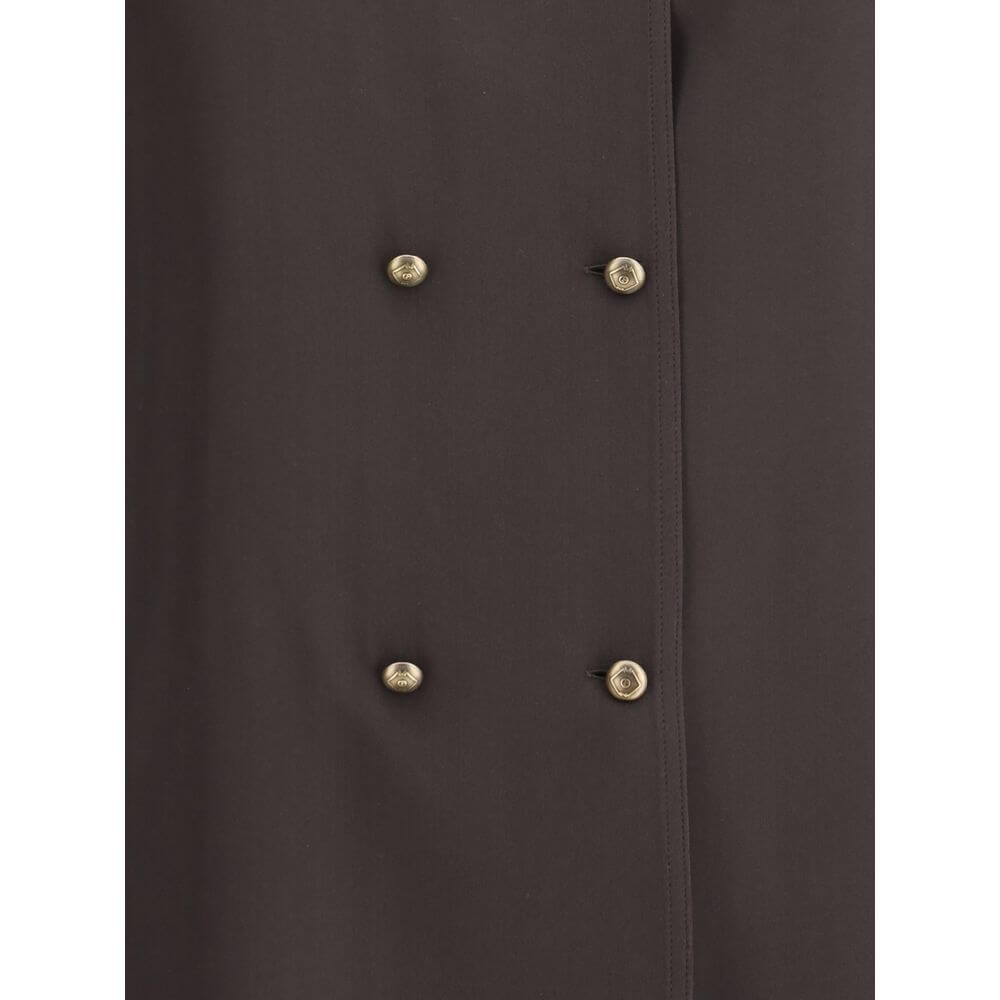 Close-up of Giorgio Armani Brown Silk Shirt with double-breasted closure and embossed buttons, highlighting elegant design elements.