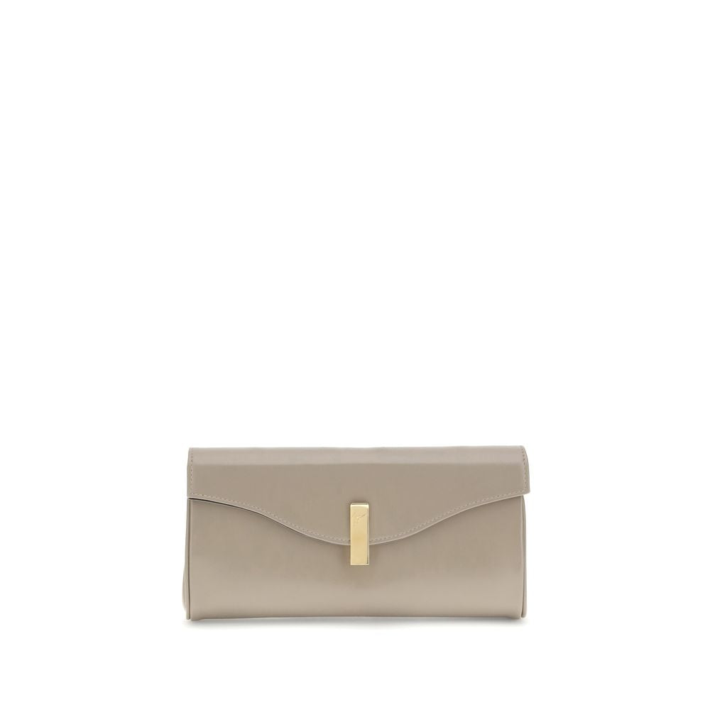 Alt Tag: Giuseppe Zanotti Beige Leather Clutch Bag with gold-tone chain and logoed metal closure on a white background.