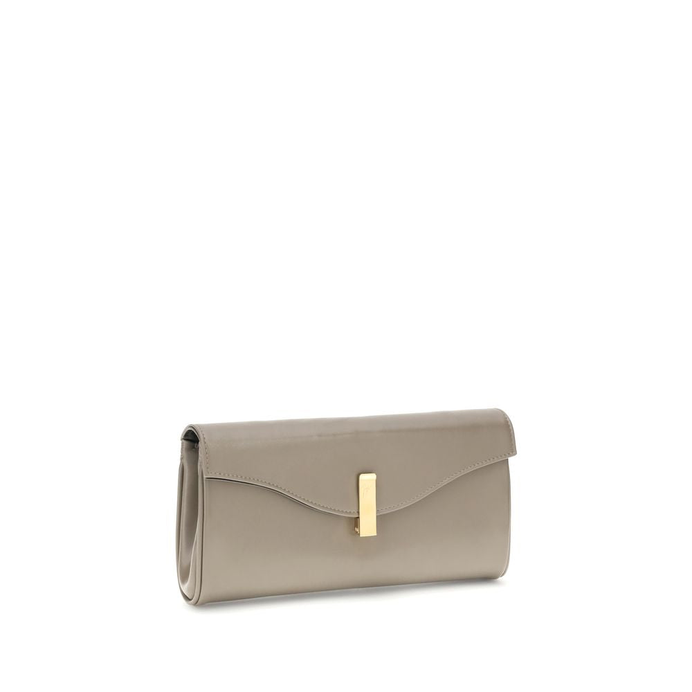 Giuseppe Zanotti Beige Leather Clutch Bag with gold-tone chain strap and logoed metal closure on white background.