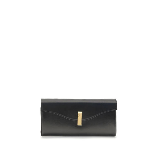 Giuseppe Zanotti Black Leather Clutch Bag with gold metal closure and chain strap, sleek and elegant fashion accessory.