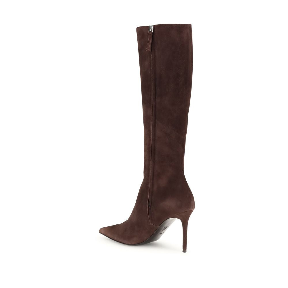 Giuseppe Zanotti Brown Leather High Heel Boots with stiletto heel, almond toe and back zipper. Elegant knee-high suede design for AW25.