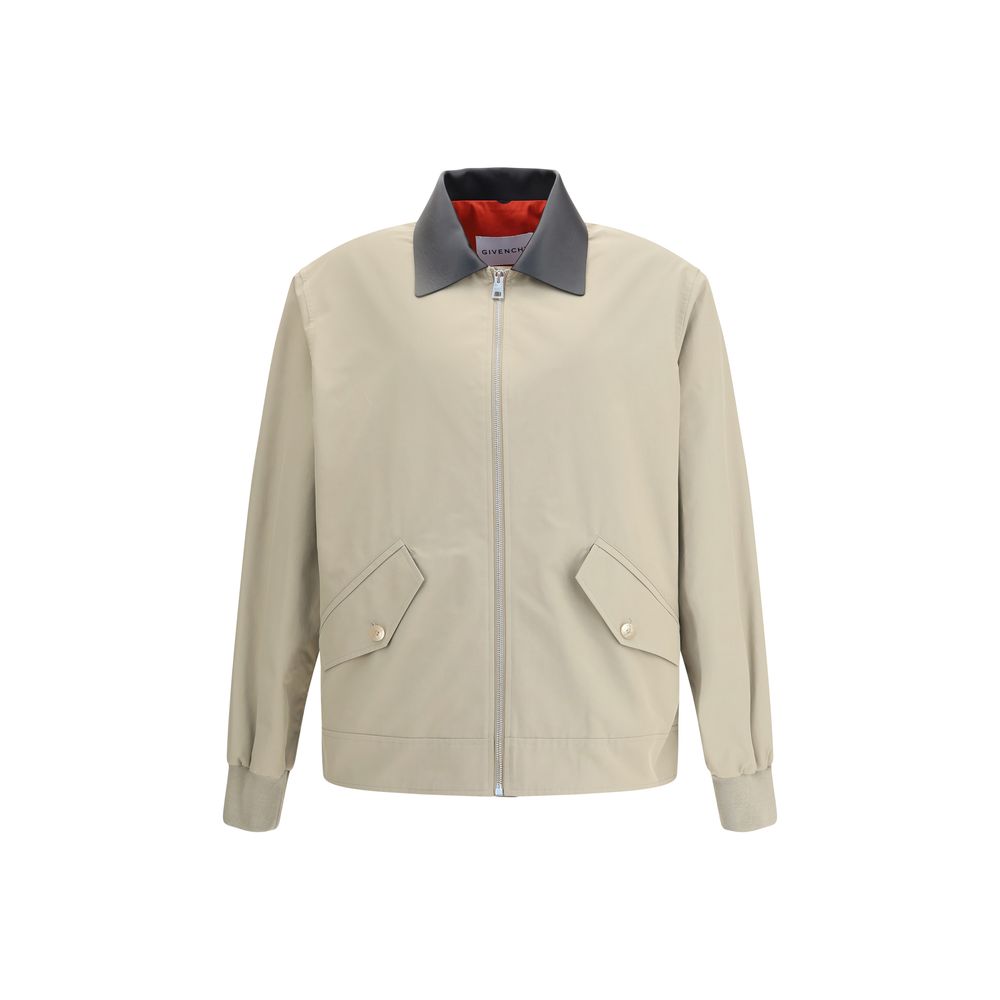 Givenchy Beige Cotton Jackets And Coat with leather Harrington collar, zipper closure, and ribbed trim, featuring iconic shadow print lining.