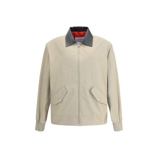 Givenchy Beige Cotton Jackets And Coat with leather Harrington collar, zipper closure, and ribbed trim, featuring iconic shadow print lining.