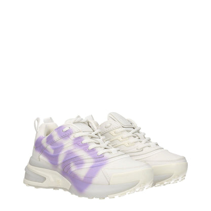 Givenchy Beige Leather Low Top Sneakers with lilac detail, featuring logos, lace-up closure, rubber sole, and mid heel for casual wear.