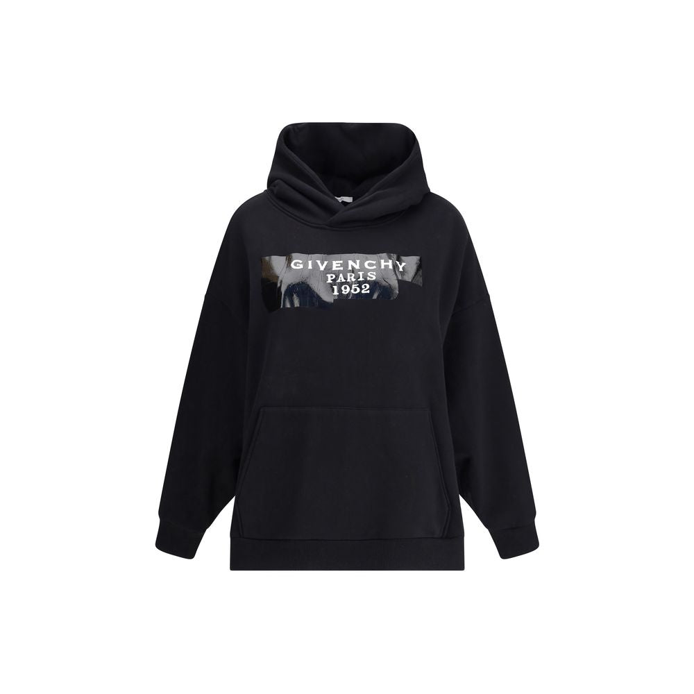 Givenchy Black Cotton Sweatshirt in gauzy fabric with hood, pouch pocket, 3D print front, ribbed hem and cuffs, oversize fit, AW25.