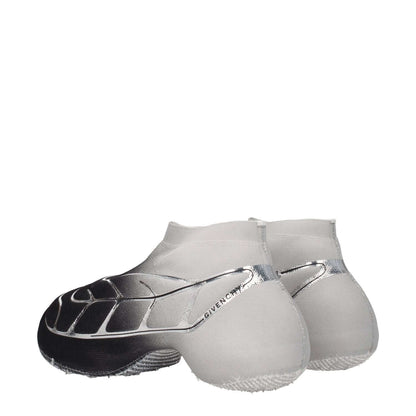 Givenchy Black Fabric Athletic Sneakers with side logo, silver accents, mid heels, round toe, style BH0080H1DW008, back view.