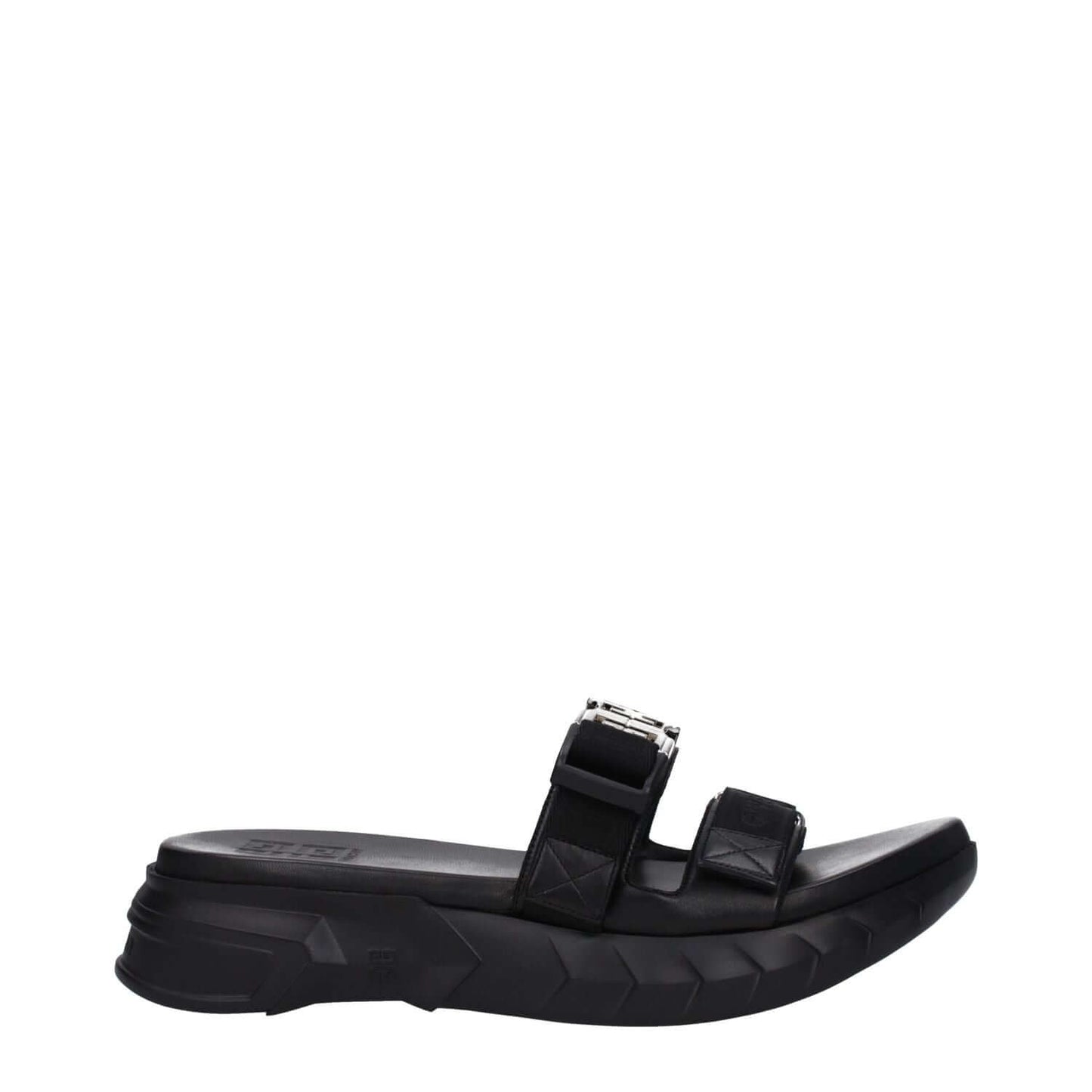 Givenchy Black Fabric Slippers with silver logo, open toe, mid heels, and rubber sole, featuring clips closure. MPN: BH301QH1A2001.