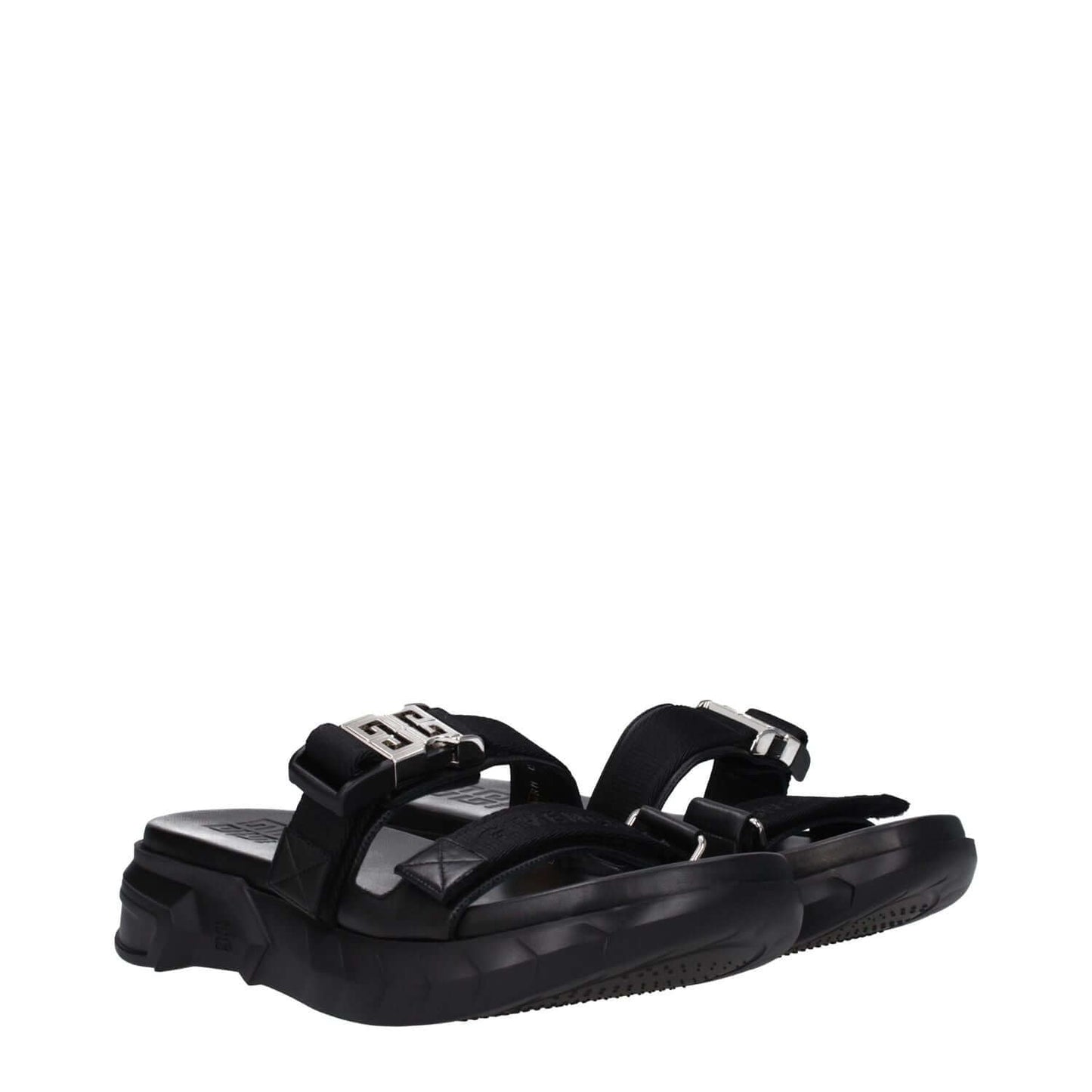 Givenchy Black Fabric Slippers with silver clips closure, rubber sole, and open toe design featuring front logo.