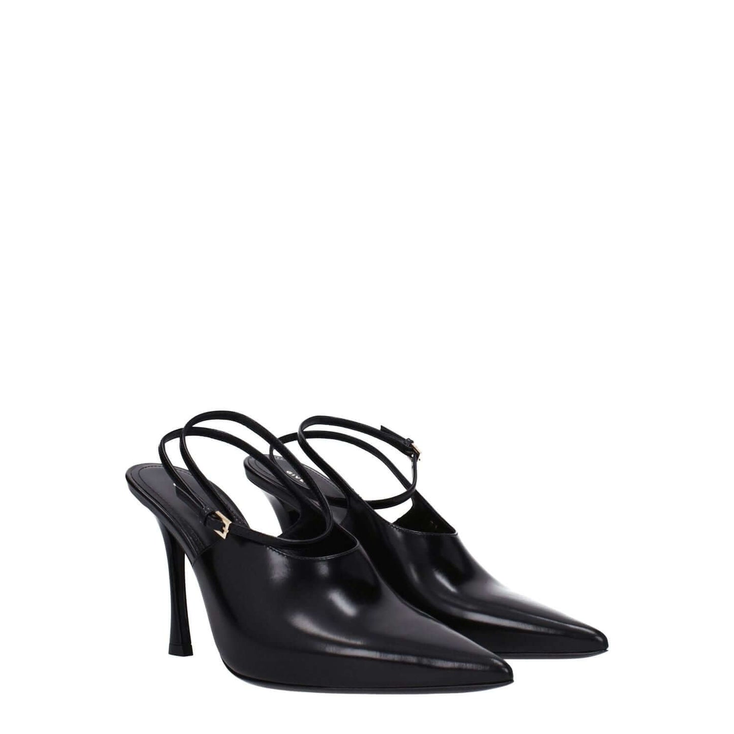 Givenchy Black Leather High Heel Pumps with buckle closure and pointy toe design, elegant black footwear for stylish occasions.