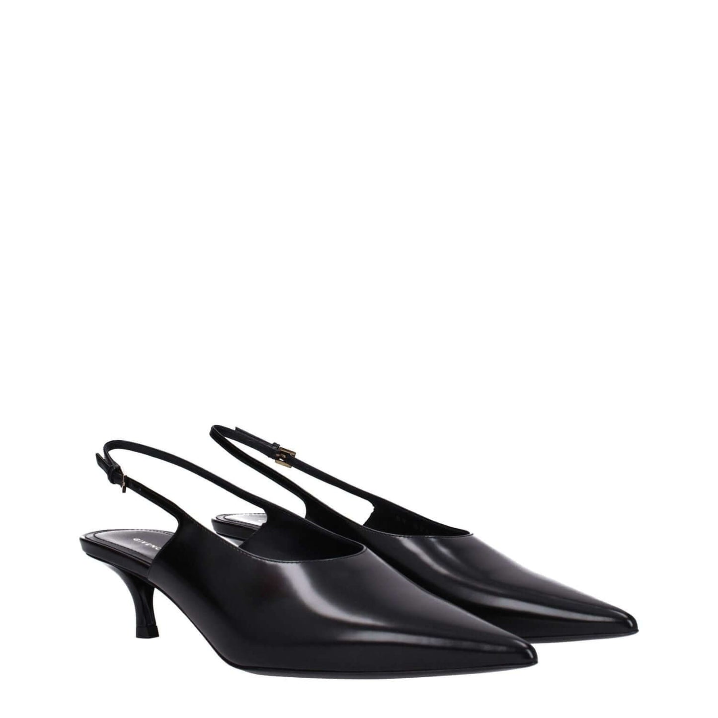 Givenchy Black Leather Mid Heel Pumps with buckle closure and pointy toe, featuring 5.5 cm heel, casual style.