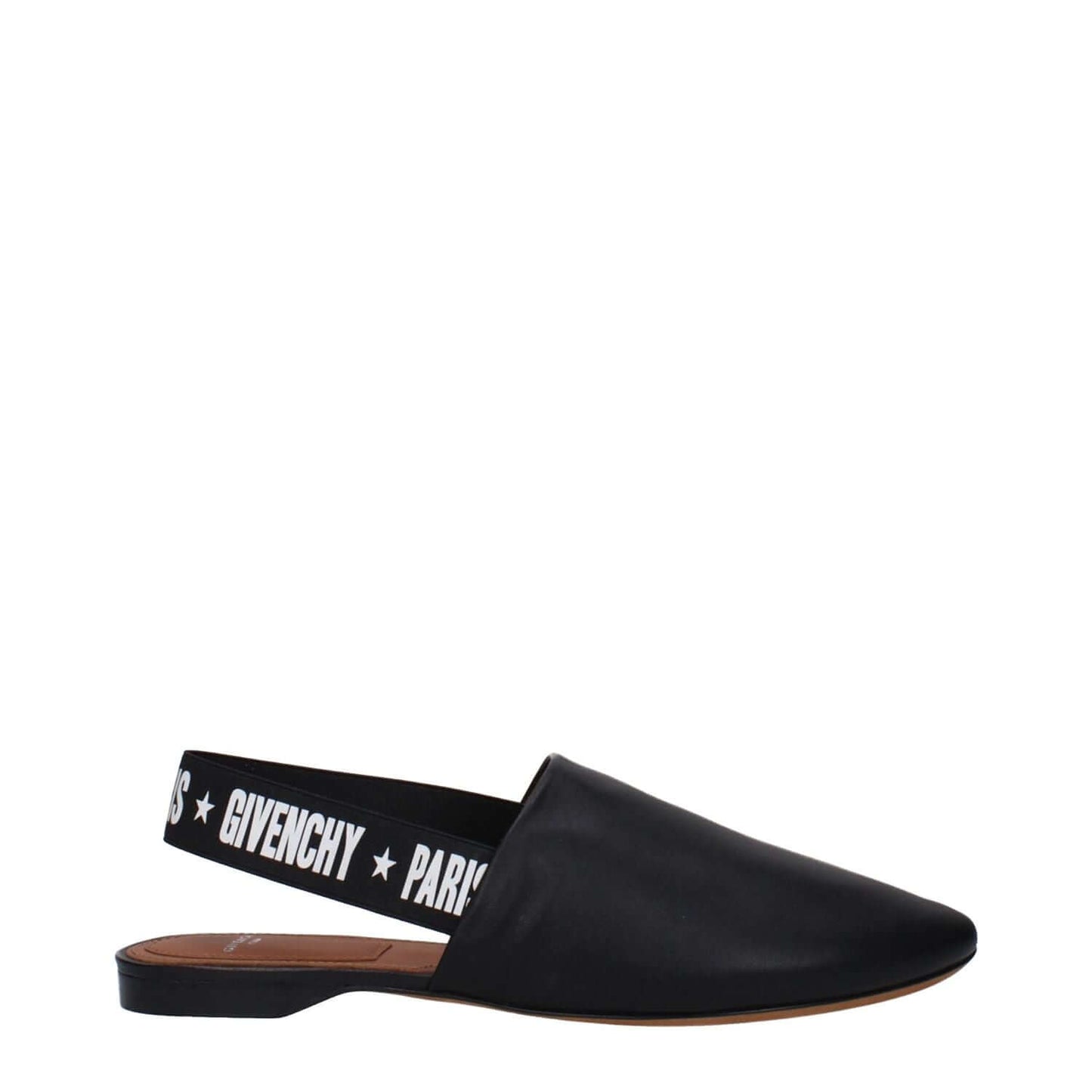 Givenchy Black Leather Slides featuring side and back logo, round toe, low flat heel, casual style, and white accents.