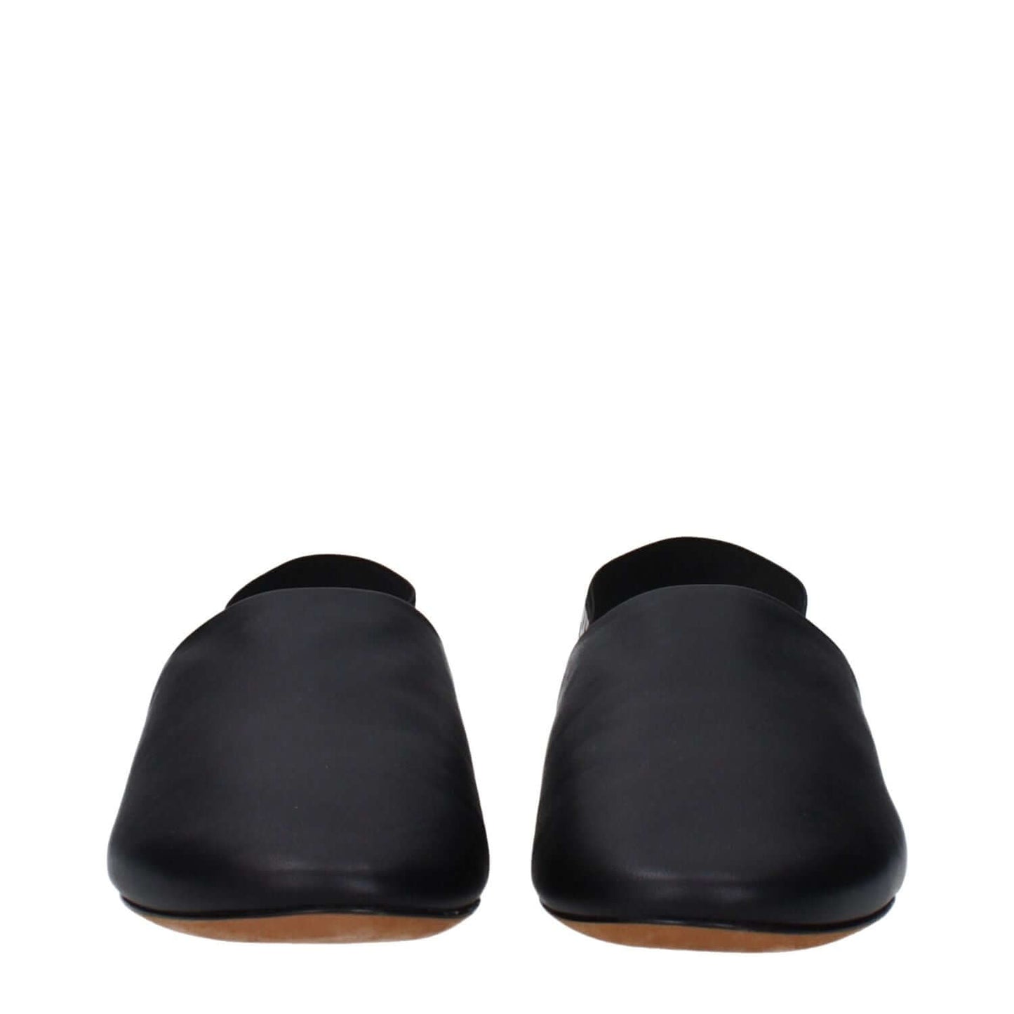 Front view of Givenchy Black Leather Slides with a round toe and low flat heel, featuring side and back logos.