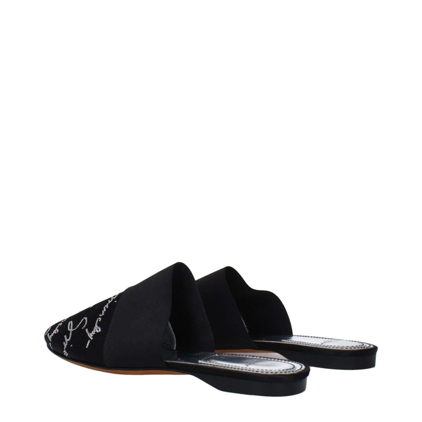 Givenchy Black Satin Slippers with logo front detail, round toe, low flat heel, and leather sole. Casual satin clogs by Givenchy.