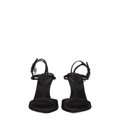 Front view of Givenchy Black Satin Stiletto Heel Sandals with open toe and buckle closure.