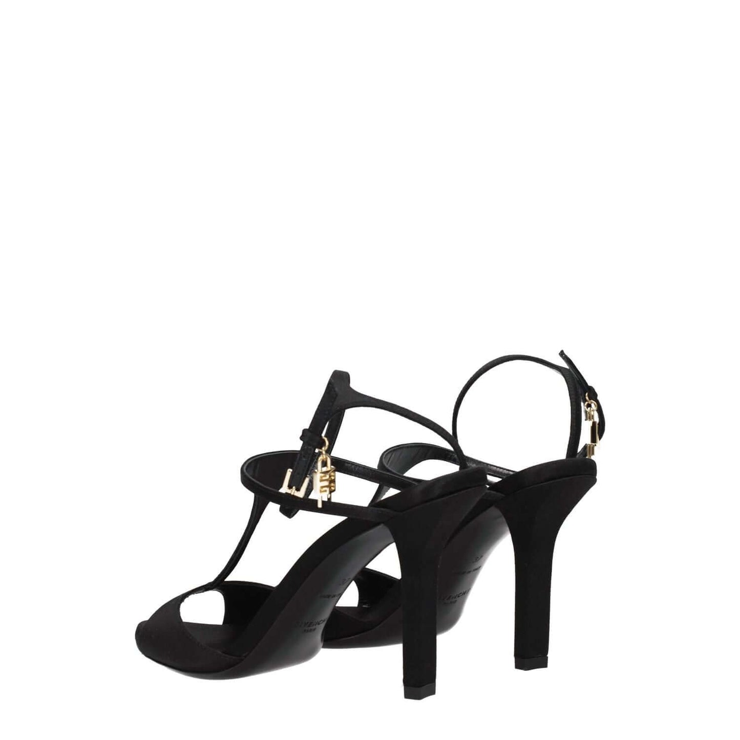 Givenchy Black Satin Stiletto Heel Sandals with gold side logo and buckle closure, high heel, open toe, 9.5 cm heel height.