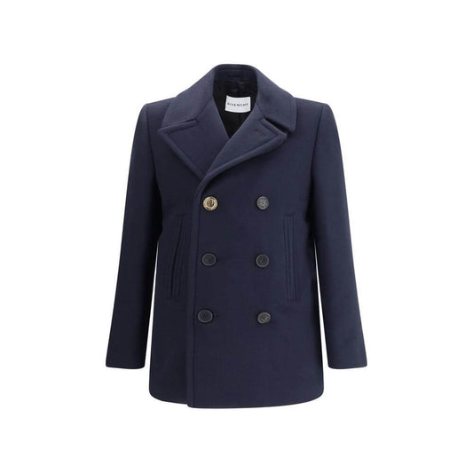 Givenchy Blue Wool Coat - double-breasted pea coat with front button closure, wide lapels, and two front welt pockets for AW25 season.