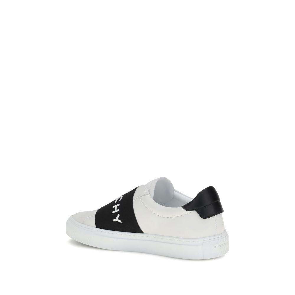 Givenchy White Calf Leather Bos Taurus Low Top Sneakers with logo elastic band, padded ankle, and contrasting leather heel.