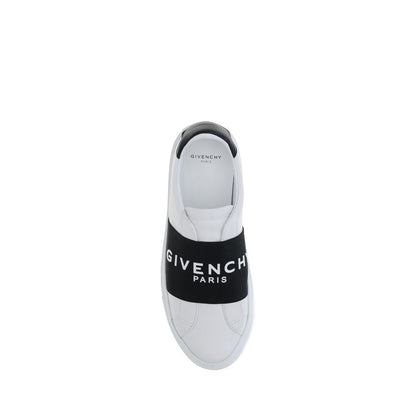 Top view of Givenchy White Calf Leather Bos Taurus Low Top Sneakers with logo band, featuring slip-on design and padded ankle.