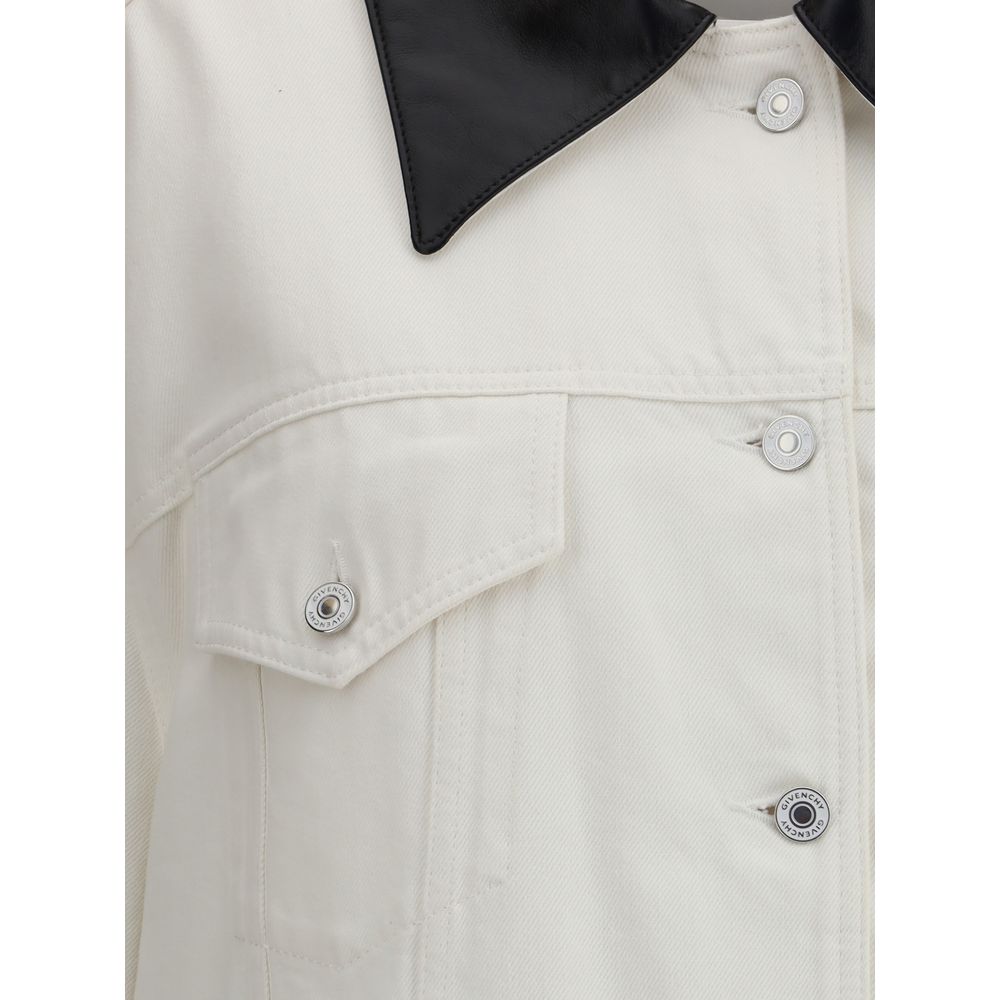 Close-up of Givenchy White Cotton Denim Jacket with leather collar and engraved buttons, highlighting chest flap pocket and urban style.