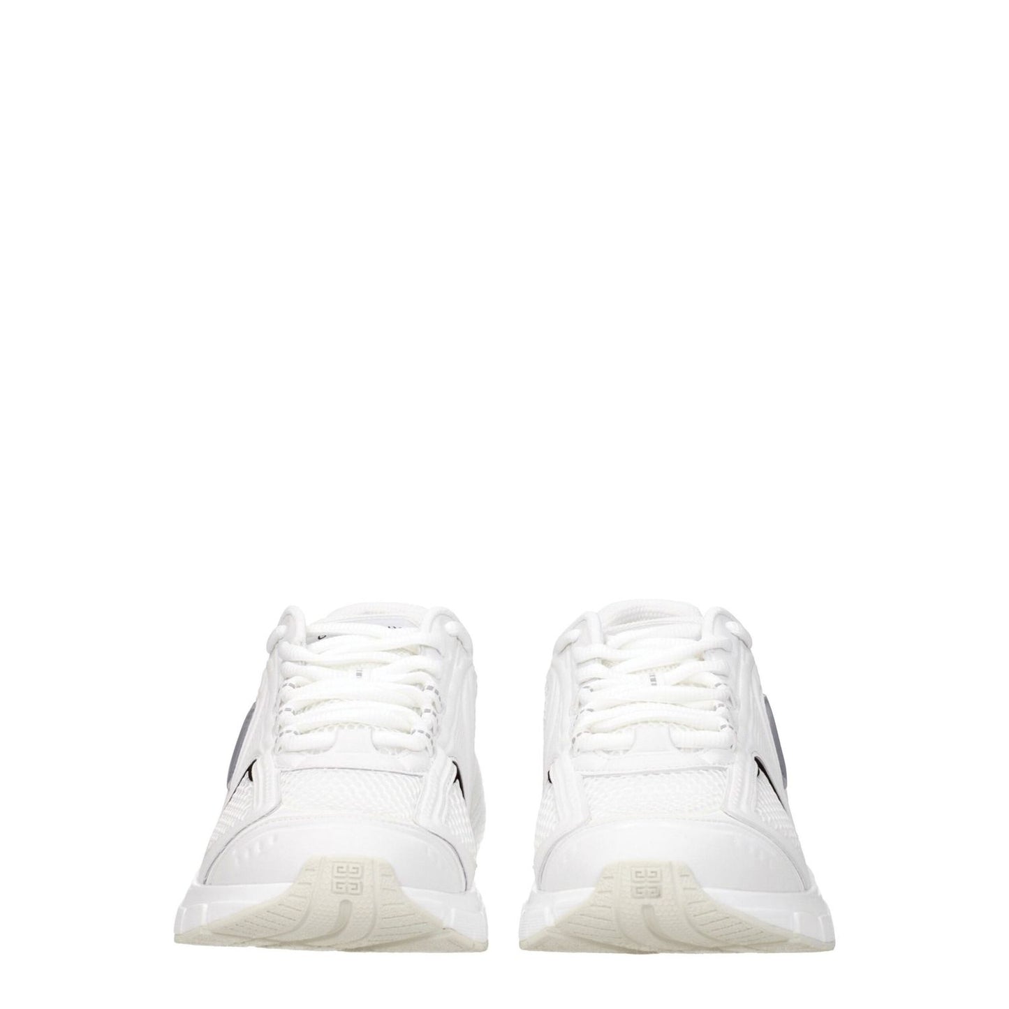 Givenchy White Fabric Athletic Sneakers front view with lace-up closure and rubber sole, featuring side and front logos. Casual style.
