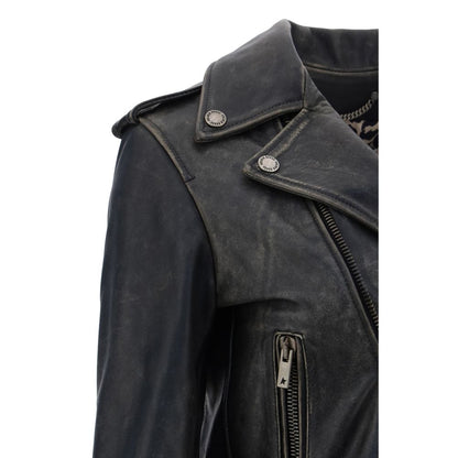Golden Goose Black Calf Leather Bos Taurus Biker Jacket with asymmetrical zipper and classic lapels.