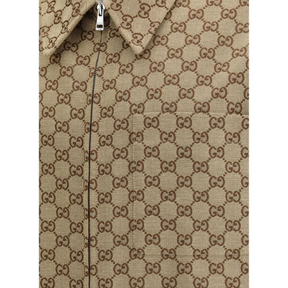 Gucci Brown Cotton Jackets And Coat with GG jacquard texture, zip closure, classic collar, and side welt pockets for a chic look.